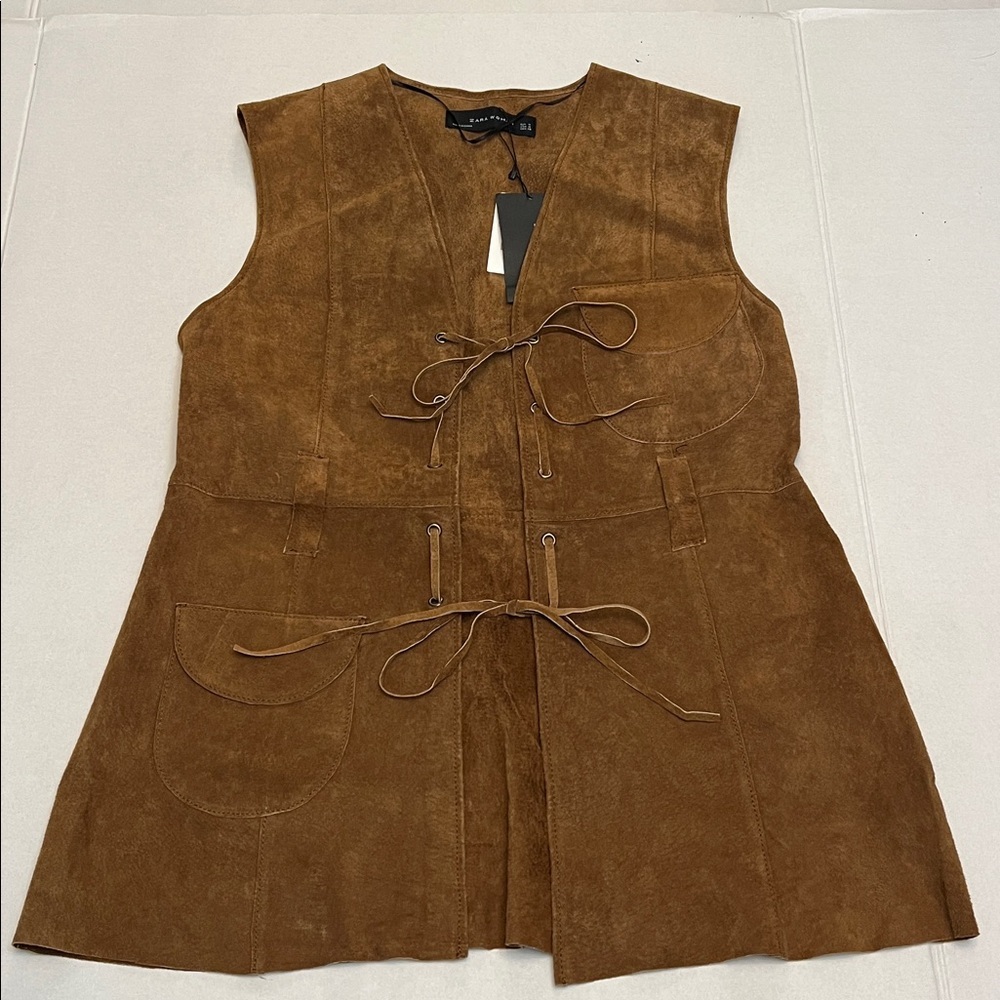 ZARA BROWN LEATHER LACE-UP FESTIVAL BOHO VEST SIZE MEDIUM - Picture 4 of 16